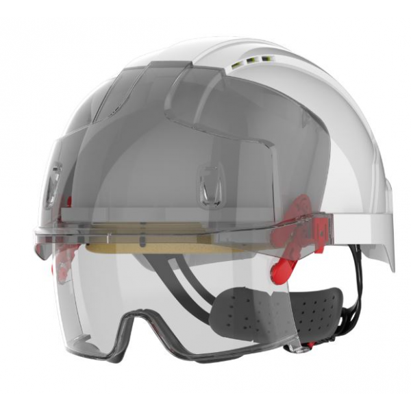 Capacete JSP VISTAlens®, ventilado, com óculos integrados.