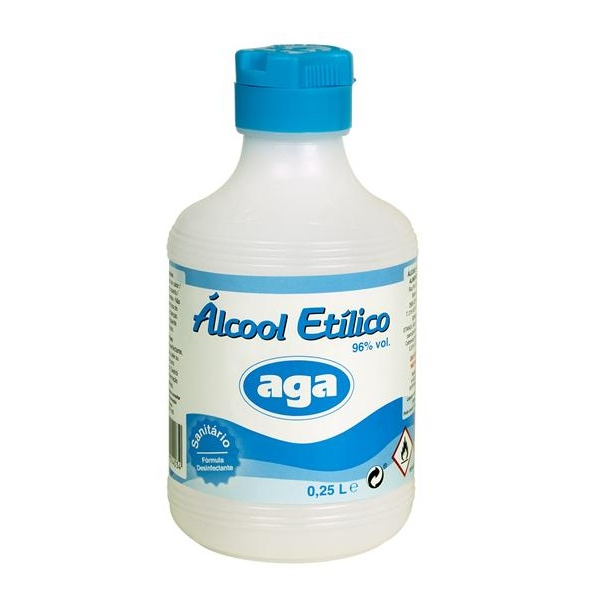 Alcool sanitário com 96% vol, embalagem 250 ml.